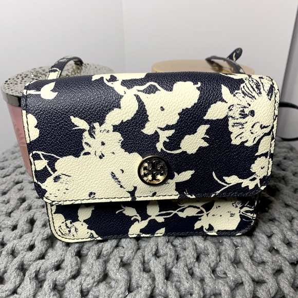 Handbags - Tory Burch Black and Cream Floral Print Crossbody/Belt Loop Bag with Mirror CUTE